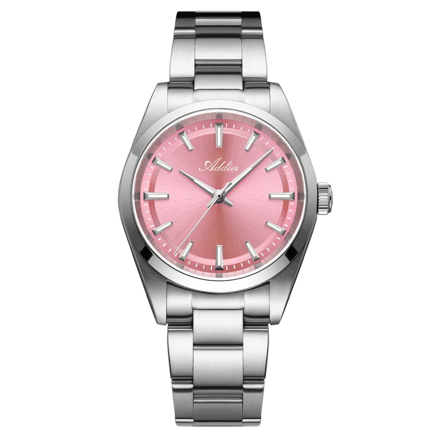 Addies AW25908 with pink sunburst dial, smooth bezel and three-link steel bracelet