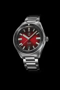 Zelos Blacktip 200m Diver, red fumé dial and black ceramic bezel, on steel bracelet