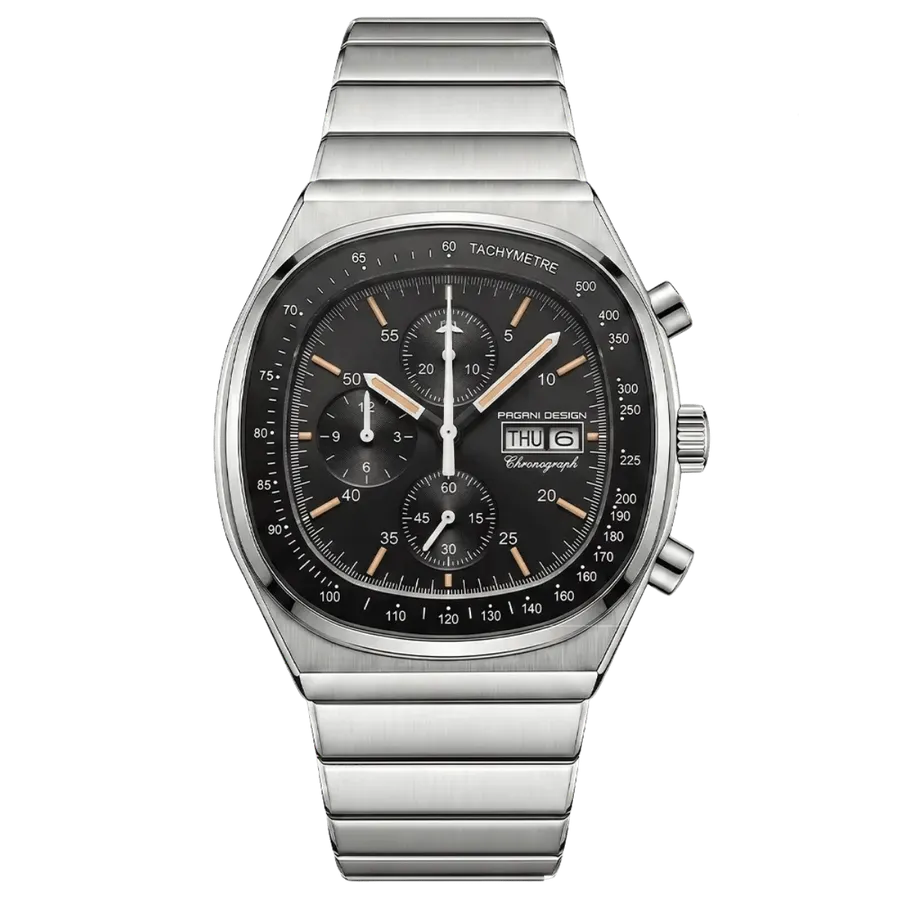 Pagani Design PD-1819 cushion-case chronograph with black dial, tachymeter ring and day-date at 3, on steel bracelet