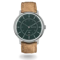 Bravur Scandinavia Limited Edition Shadow Green, matte green dial with silver indices on a sand suede strap