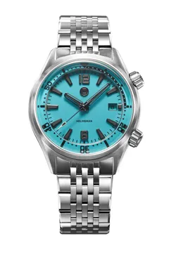 Zelos Helmsman SS, fully lumed light blue dial and internal bezel, on beads-of-rice bracelet