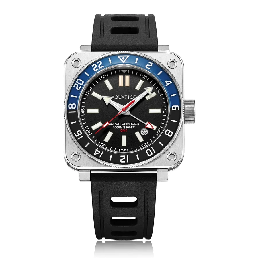 Aquatico Steel Man GMT, square steel case with black dial, blue and black 24-hour bezel and date, on black rubber strap