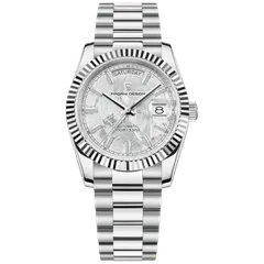 Pagani Design PD-1752 with textured silver dial on steel president-style bracelet