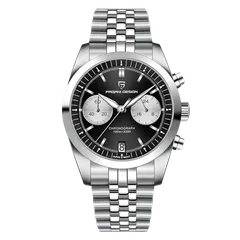 Pagani Design PD-1775 chronograph with black dial and silver sub-dials on five-link bracelet