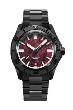 Zelos Swordfish 42mm Ti Blood Moon, black DLC titanium case and bracelet, maroon meteorite dial