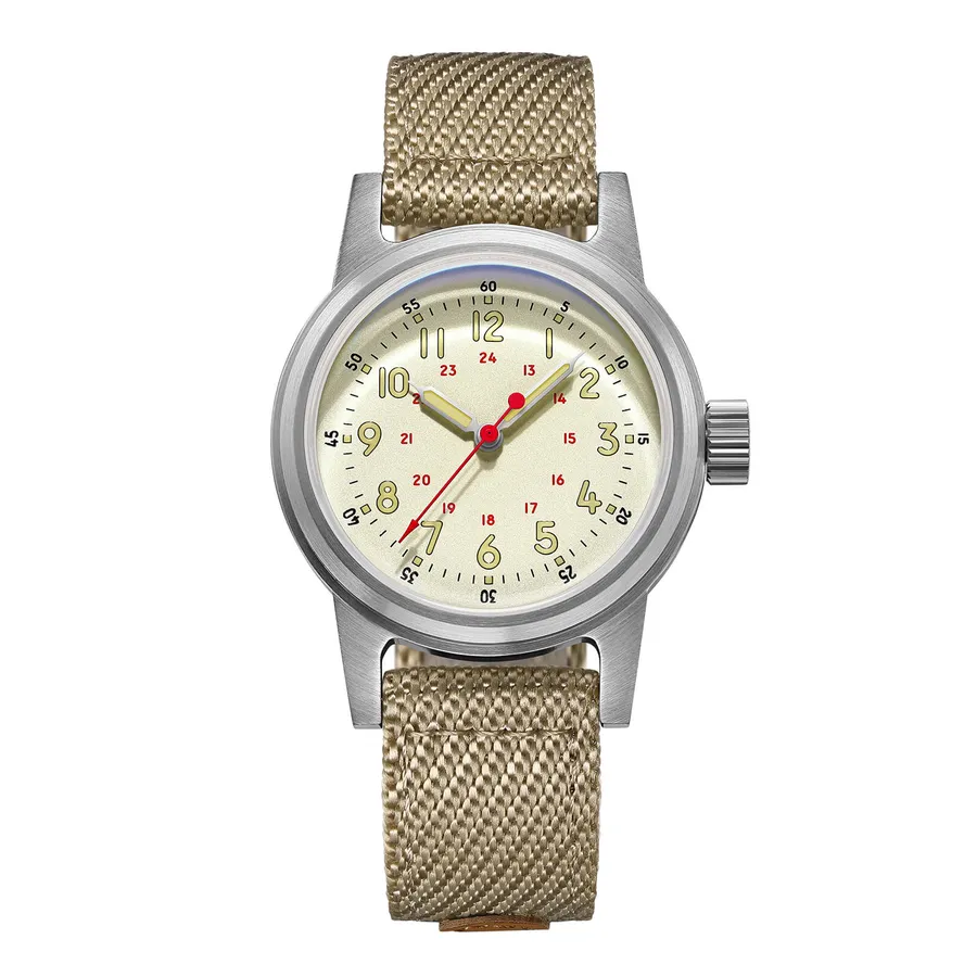 Addiesdive AD2076 with beige 12/24-hour dial on a khaki fabric strap
