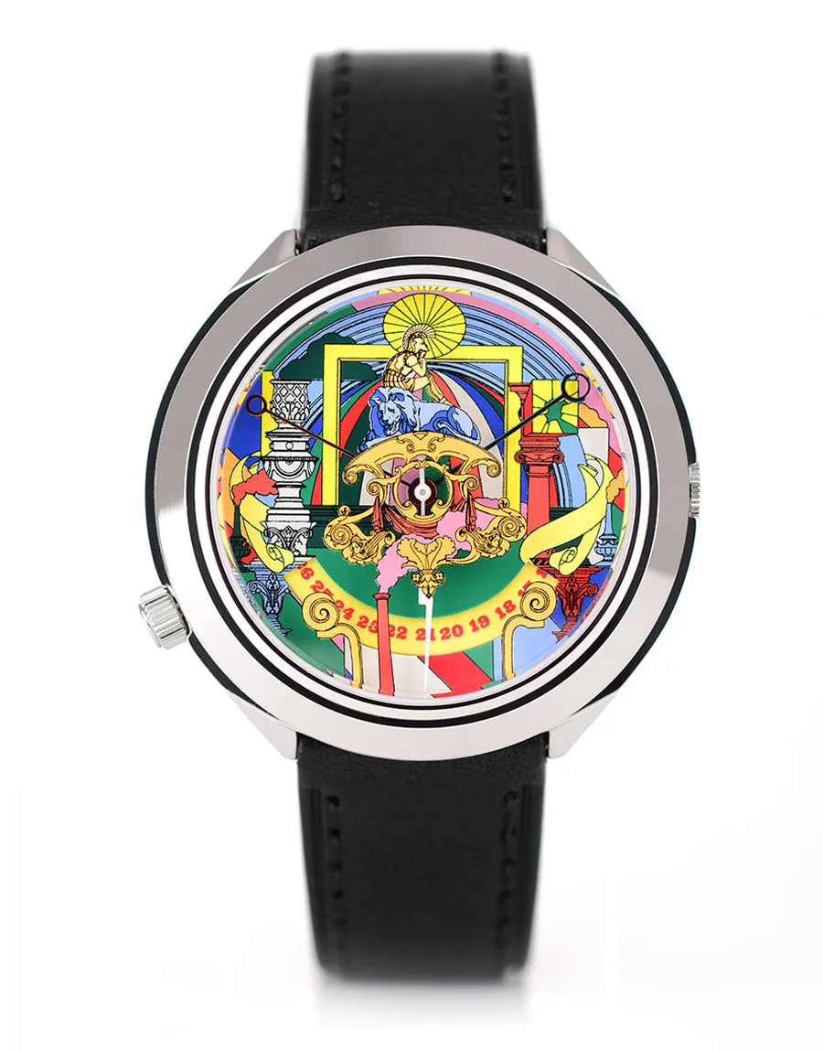 Mr Jones Odyssey, psychedelic gothic-architecture dial with a printed date ring along the bottom, 40mm steel case on black leather, front view