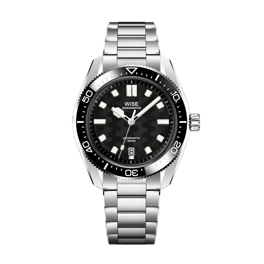 Wise Adamascus AD810A-S in 904L steel, black wavy dial, black ceramic bezel, on 904L bracelet