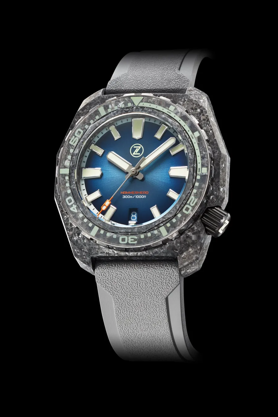 Zelos Hammerhead V3 300m in crystallised titanium, blue dial, on grey rubber strap