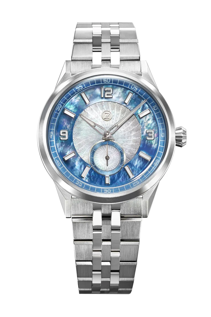Zelos Comet 39, guilloche mother-of-pearl dial, on five-link steel bracelet