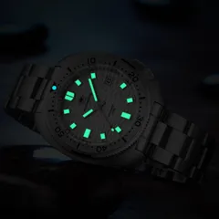 Addiesdive AD2117 lume shot, markers and hands glowing green and the bezel pip blue