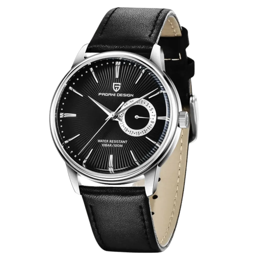 Pagani Design PD-1654 with black sunburst dial and pointer-date subdial on black leather strap