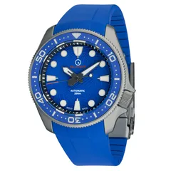 Islander Sands Point titanium diver with blue wave dial and blue bezel on blue rubber strap