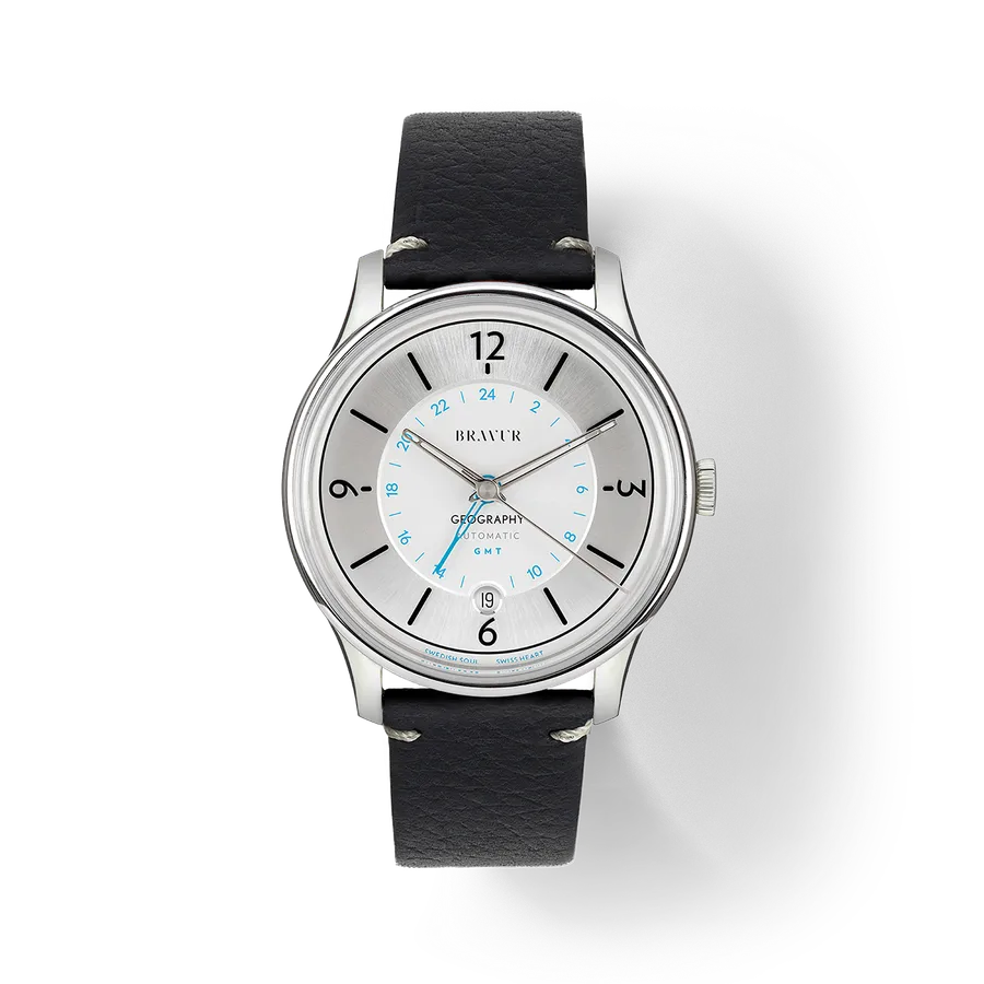 Bravur Geography with white dial, blue GMT hand and inner 24-hour scale on a black leather strap