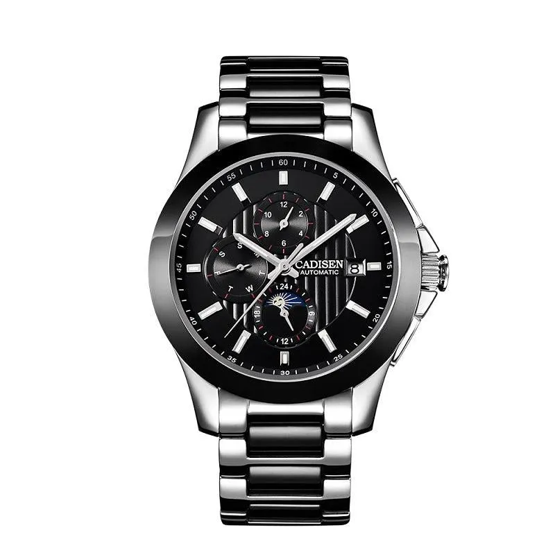 Cadisen C1037 multifunction automatic with black dial, three subdials and black bezel on a two-tone bracelet