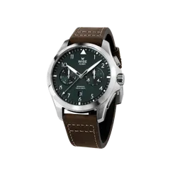 Wise Flyboy FL-04A in 904L steel, green dial with Arabic numerals, on brown leather strap