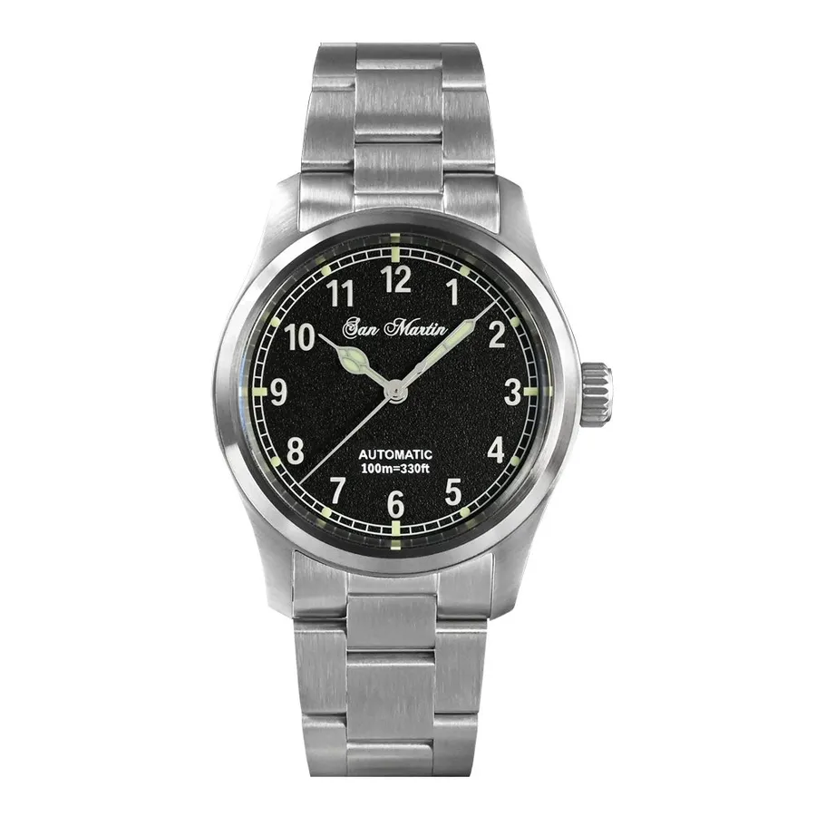 San Martin SN034-G 37mm with textured black Arabic-numeral dial on steel bracelet
