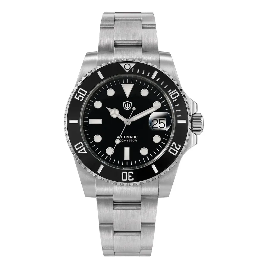 Watchdives WD5512B with black dial and black ceramic bezel on the steel bracelet