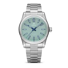 Traska Commuter 36, seafoam green lacquered no-date dial, front view