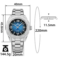 AddiesKIN K002 dimension graphic (40mm, 45.8mm lug-to-lug, 11.5mm, 20mm, 220mm, 144.5g)