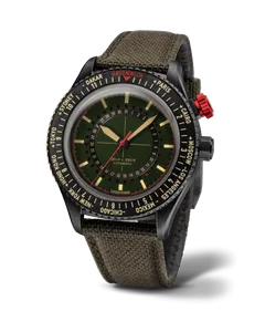 Undone Aero Worldtimer Doolittle with black case, green dial and world-time bezel on a green Cordura strap