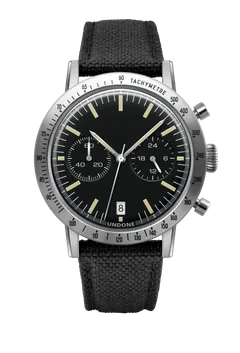 Undone Urban Sprinter chronograph with black five-hand dial and tachymeter bezel on a black Cordura strap