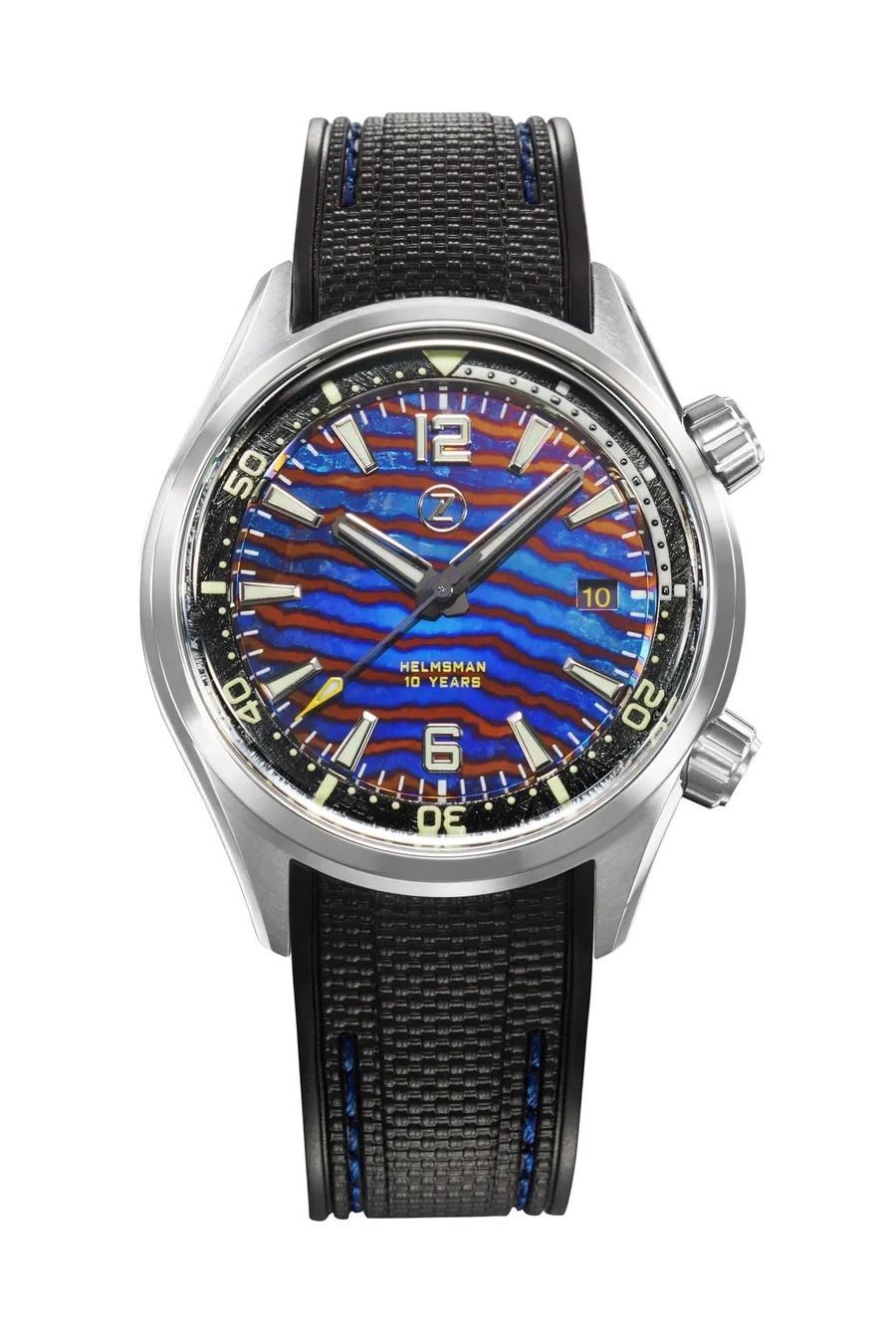 Zelos Helmsman 10th Anniversary Edition in titanium, Ti-Damascus dial, meteorite internal bezel, on rubber strap
