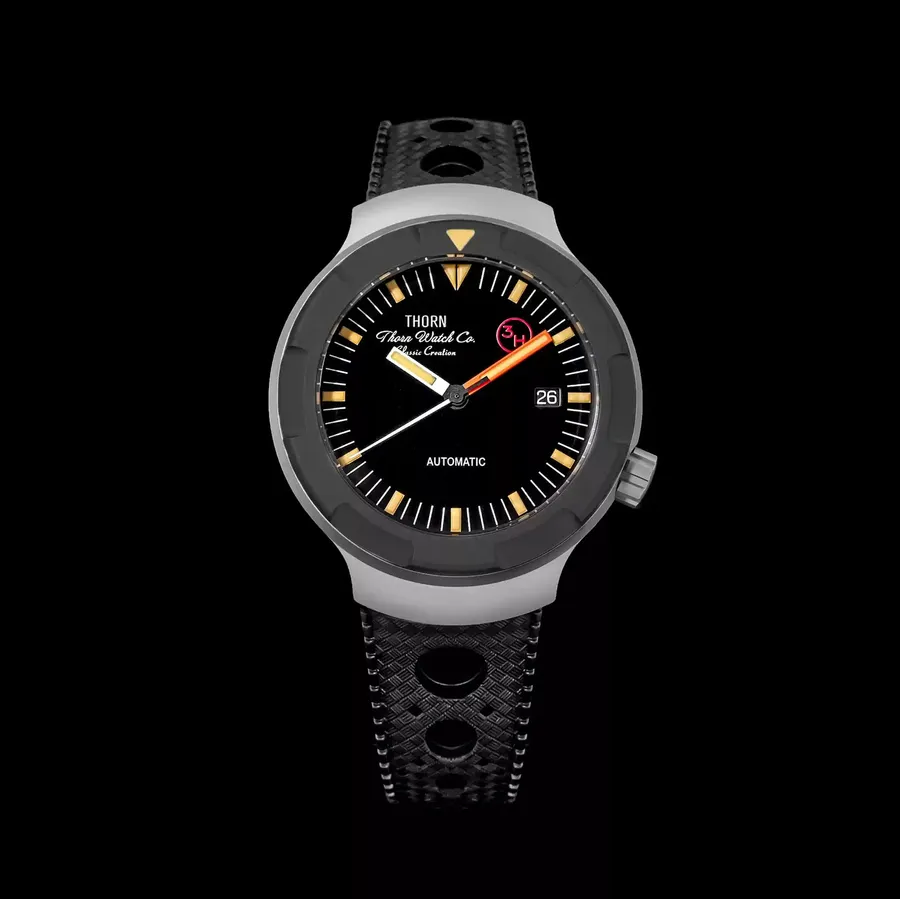 Thorn T018 titanium diver with black dial and black bezel on a perforated rubber strap