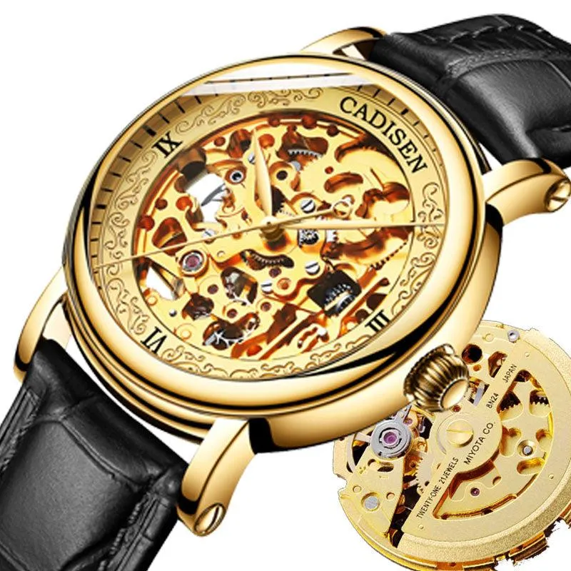 Cadisen C8165 skeleton automatic with gold skeleton dial, engraved chapter ring and gold-tone case on a black leather strap
