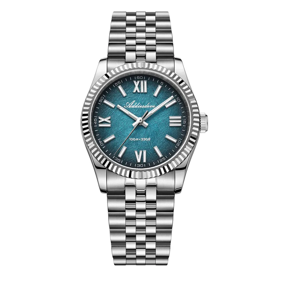 Addiesdive AD2512 with teal-blue textured dial, Roman numerals and fluted bezel on a five-link jubilee-style bracelet