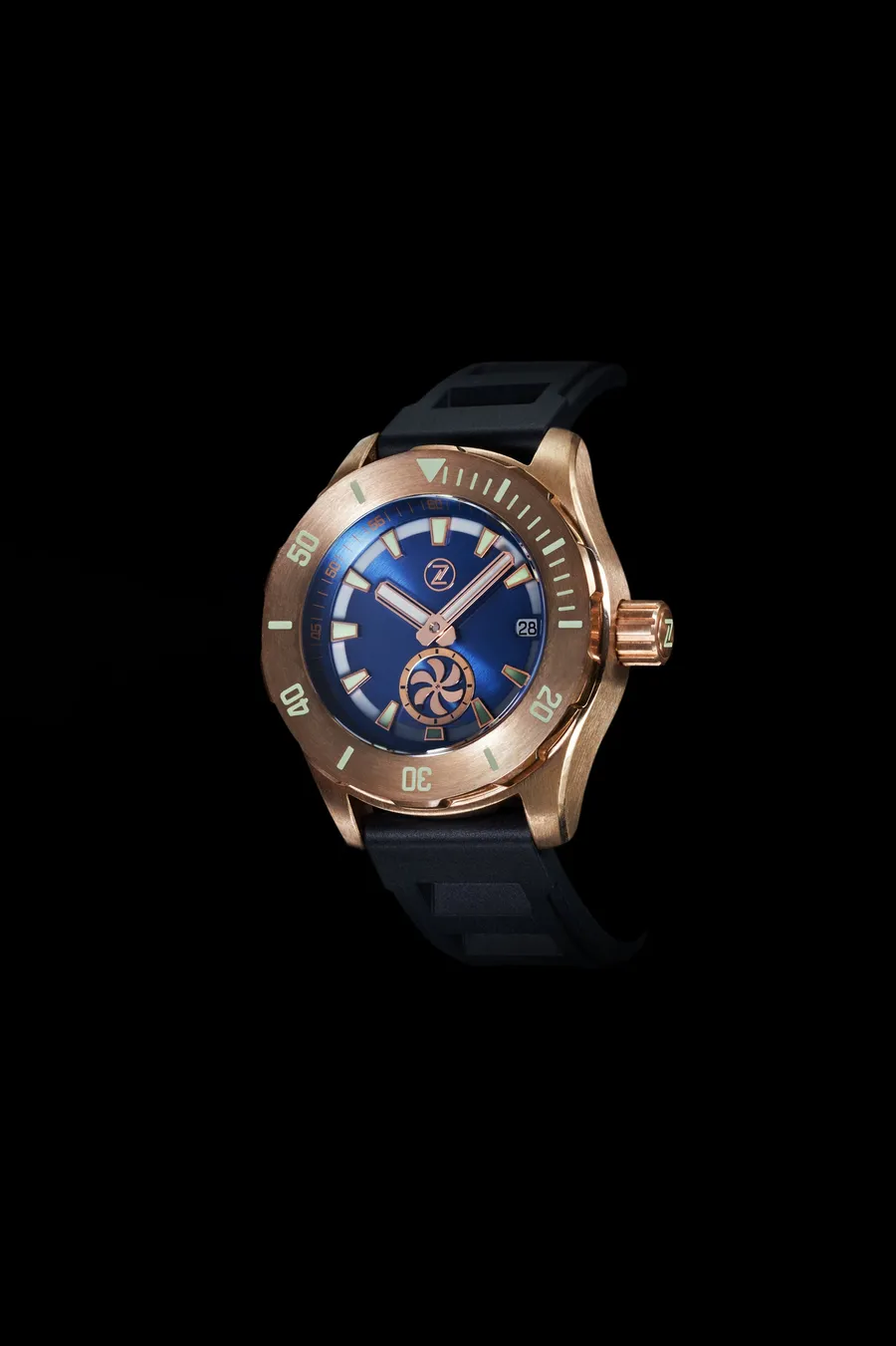 Zelos Abyss 2 Turbine 3000m Bronze, blue sunburst dial with turbine small seconds at 6, single crown, on rubber strap