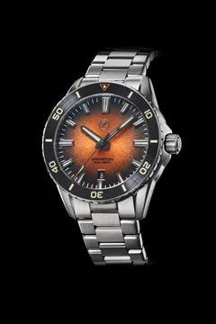 Zelos Spearfish 40mm Diver Burnt Orange, orange fumé dial and black ceramic dive bezel, on steel bracelet