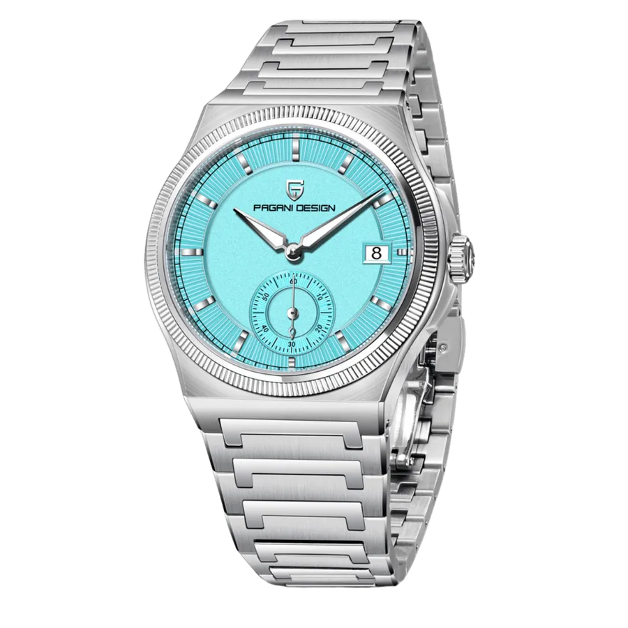 Pagani Design PD-YS029 with turquoise dial, small seconds at 6, date at 3 and knurled bezel, on steel integrated bracelet