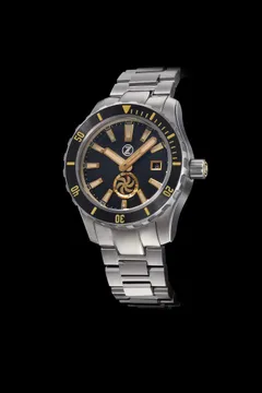 Zelos Abyss 3 3000m Steel Turbine Black Sand, sand-textured black dial with turbine small seconds, black ceramic bezel, on bracelet