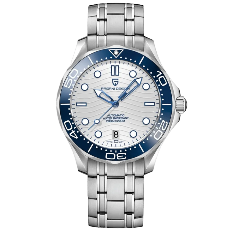 Pagani Design PD-1685 with white wave dial and blue bezel on steel bracelet