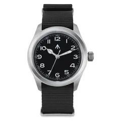 Militado ML08 (VH31) with black dial, white numerals and snake hands on black nylon strap