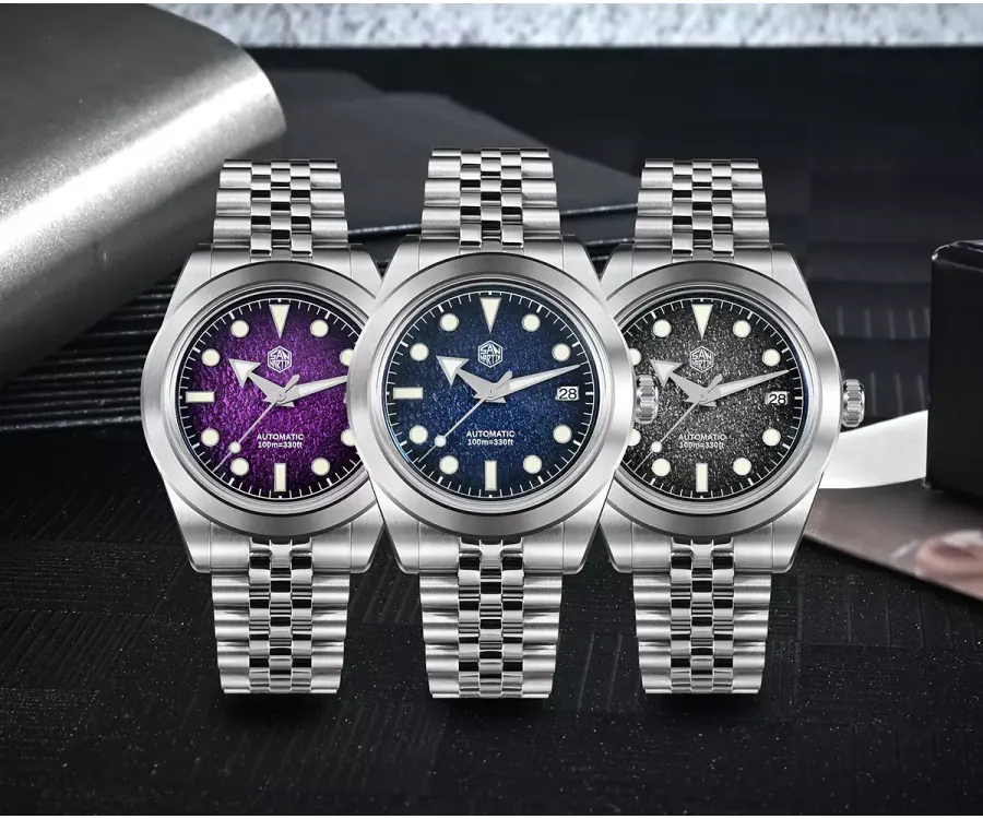 San Martin SN0053-G2 39mm watches with purple, blue and gray textured gradient dials on jubilee bracelets