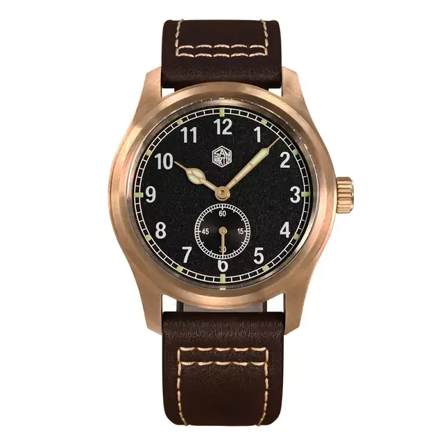 San Martin SN034-Q-C 37mm bronze quartz with textured black small-seconds dial (Dial A) on brown leather