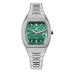 San Martin SN0145-G1 39.5mm barrel-shaped case with green malachite dial, multi-faceted bar hands and date at 3 on bracelet