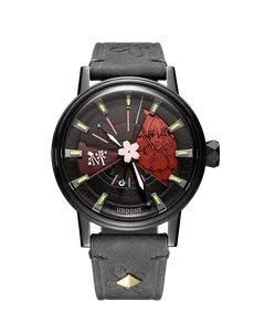 Undone hololive 6th fes. Color Rise Harmony Sakura Miko watch with black-coated case and black dial with red sectors on a grey leather strap
