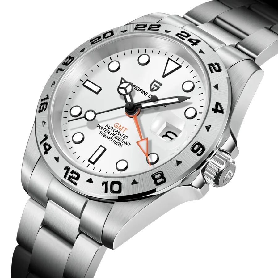 Pagani Design PD-1762 GMT with white dial, orange arrow-tipped 24-hour hand, engraved steel 24-hour bezel and cyclops date, on steel bracelet