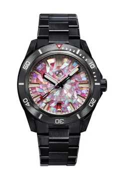 Zelos Swordfish 42mm DLC Scarlet, black DLC case and bracelet, red and pink mother-of-pearl mosaic dial