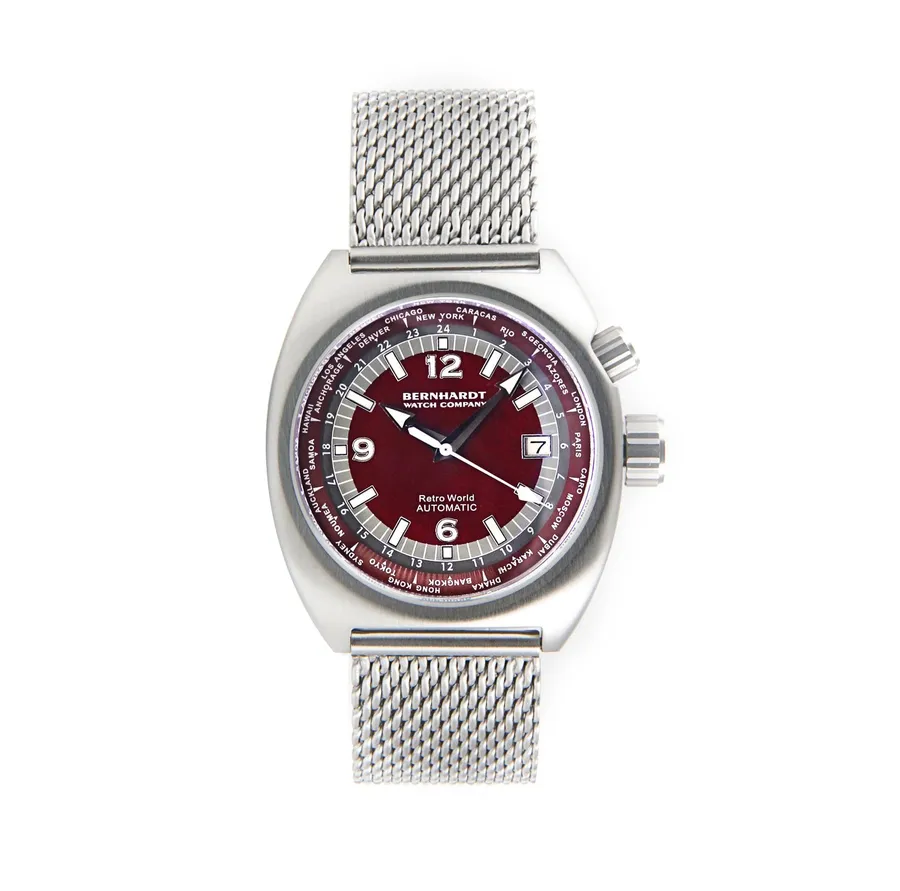 Bernhardt Retro World Timer, burgundy dial with 24-city internal bezel, on steel mesh bracelet