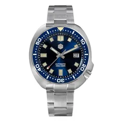 San Martin SN047-G-B with blue sunray dial and blue ceramic bezel on steel bracelet