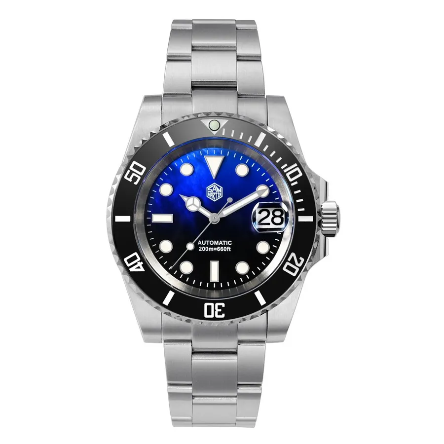 San Martin SN017-G V3 with mother-of-pearl dial, black ceramic bezel and date with cyclops on steel bracelet