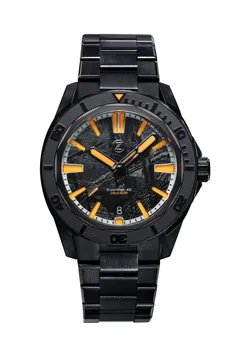 Zelos Swordfish 40mm SS DLC Meteorite, black DLC case and bracelet, gunmetal meteorite dial with orange lume, ceramic bezel
