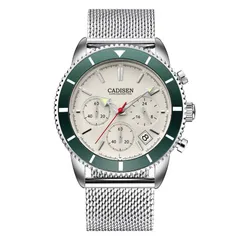 Cadisen C9067M with cream dial and green bezel on a steel mesh bracelet