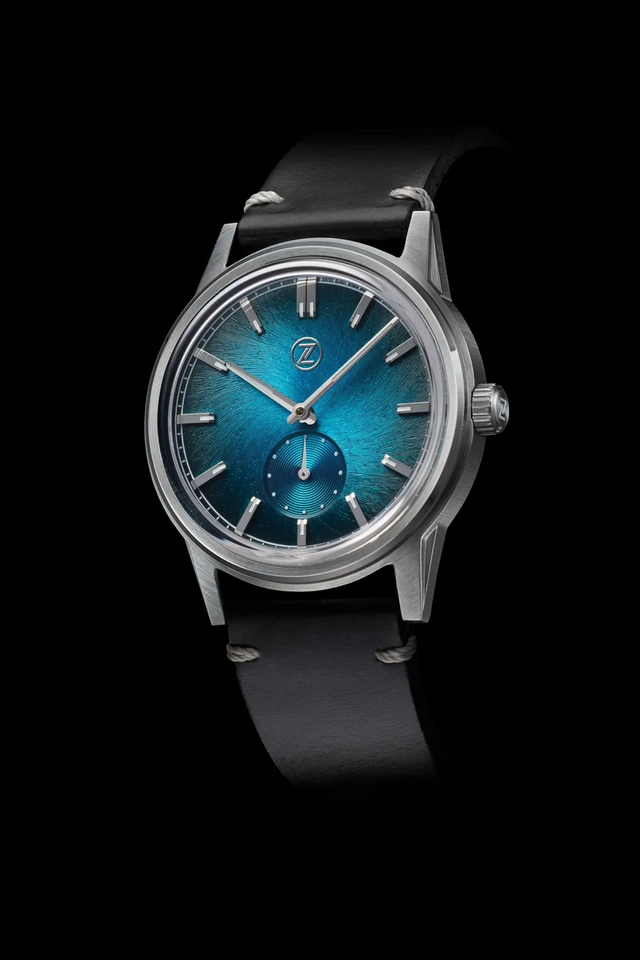 Zelos Nova 38mm Teal, steel case, teal fumé dial with small seconds, on black leather strap