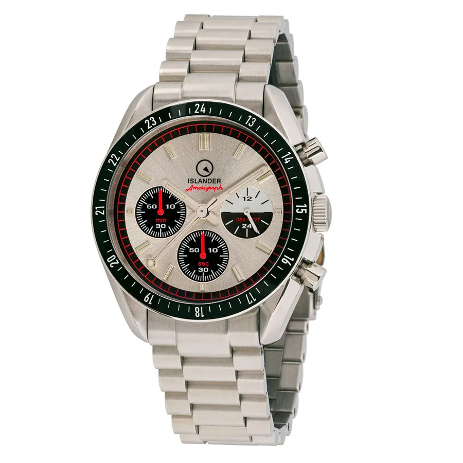 Islander Bethpage Amerigraph ISL-200 quartz chronograph with brushed silver dial, black subdials and 24-hour ceramic bezel