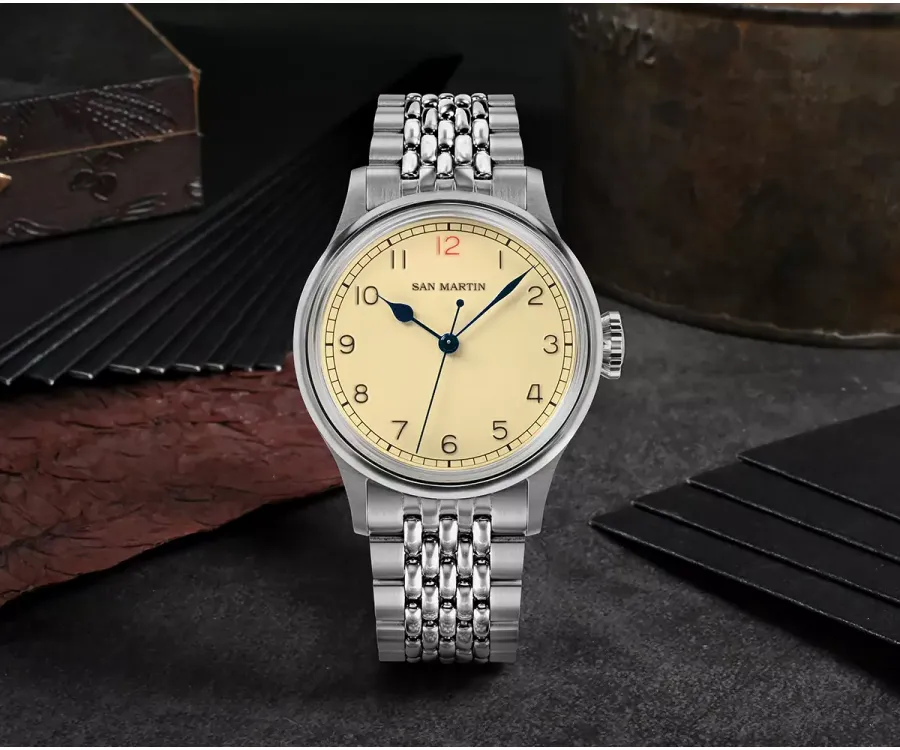 San Martin SN0105-G-NB 38.5mm with light yellow dial, red 12 and blued hands on beads-of-rice bracelet